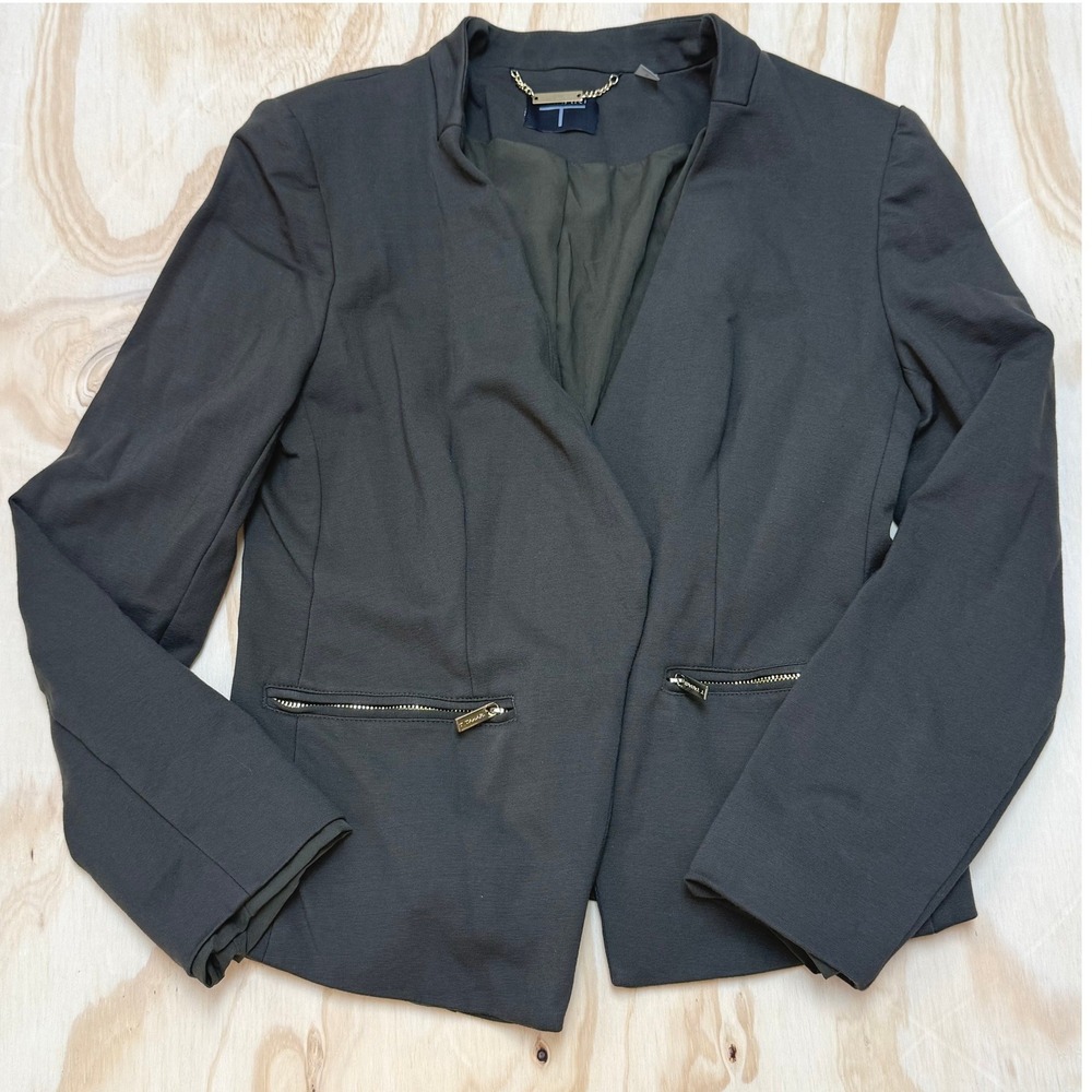 T Tahari Womens Green Grey Open Front Ponte Blazer Gold Zip Pockets Size 8